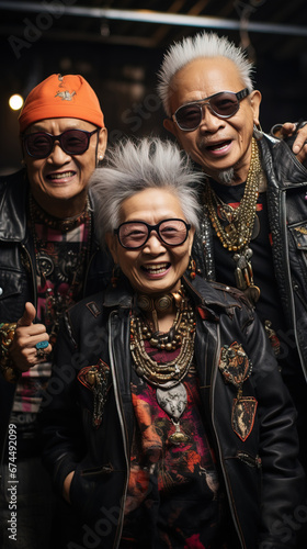 Group of asian elderly friends in punk style