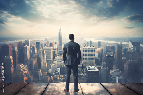 Man with suit looking at the city from top of high building ai generated art.