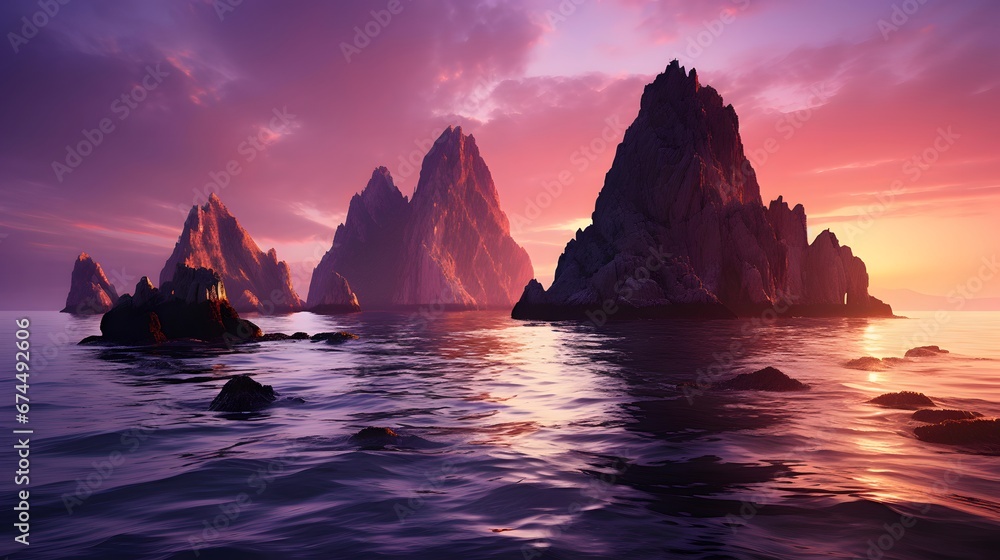 Panoramic view of the sea and mountains at sunset. Beautiful seascape.