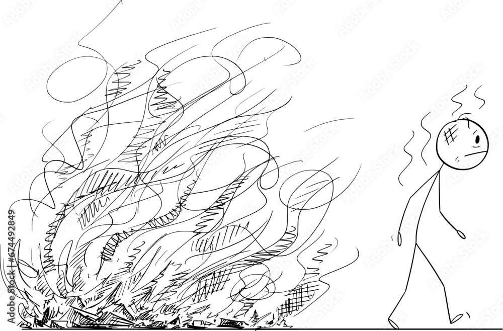 Person Leaving Disaster, Time to Change, Vector Cartoon Stick Figure Illustration Person Leaving Disaster, Time to Change, Vector Cartoon Stick Figure Illustration