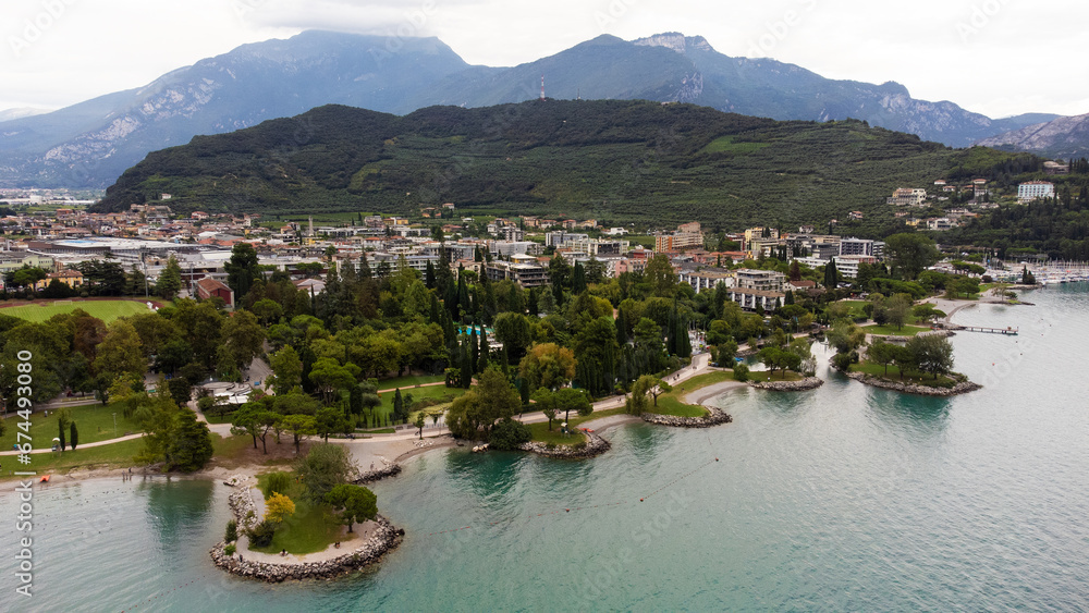 beautiful aerial view of mountains and  italian town Riva del Garda