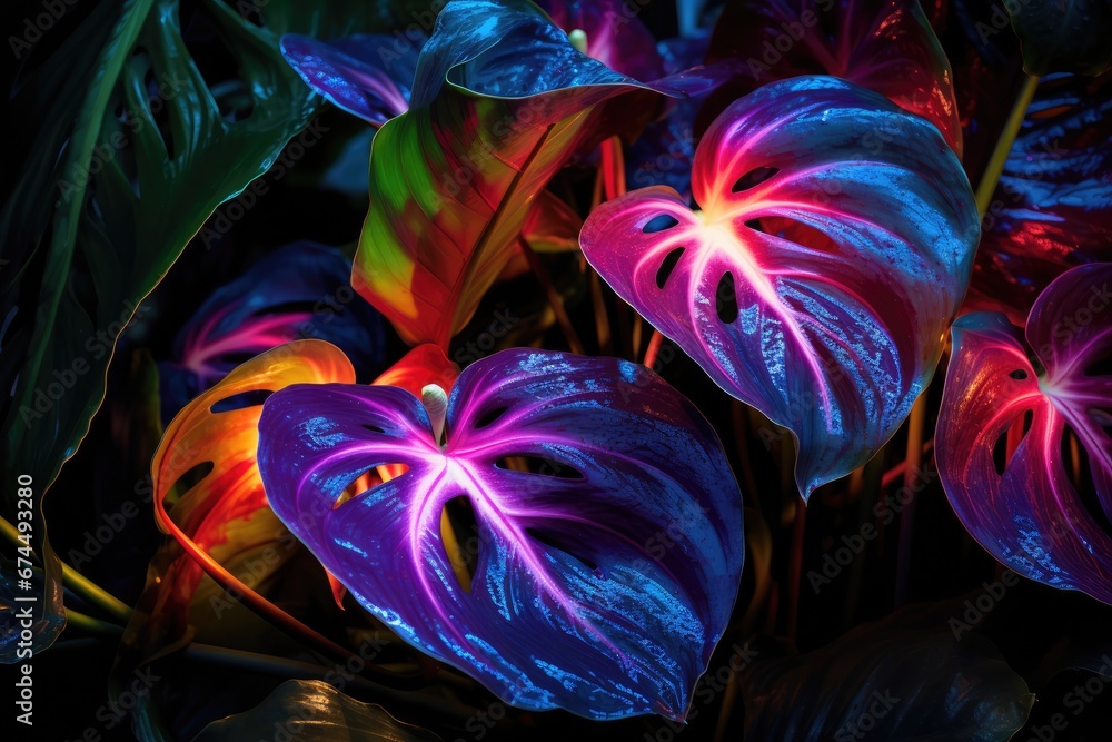 Obraz premium Tropical Leaves Illuminated With Striking Neon Lights