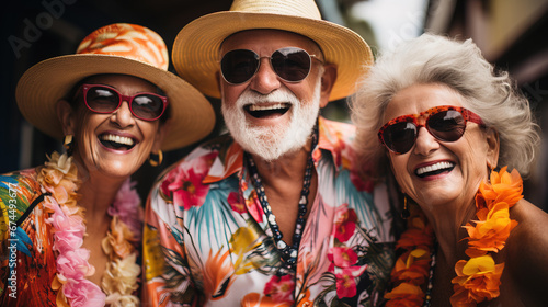group of senior friends in bold tropical colouful theme photo