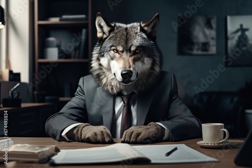 Wolf Dressed In Business Suit Poses In Office