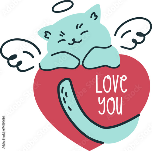Vector illustration in doodle style. Cute kitten with wings sleeping on a big heart. Inscription love you . Vector illustration