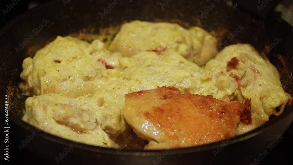 Marinated chicken thighs fried in a pan. Close-up of cooking fried chicken meat. Marinated chicken thighs fried in a pan. Close-up of cooking fried chicken meat.