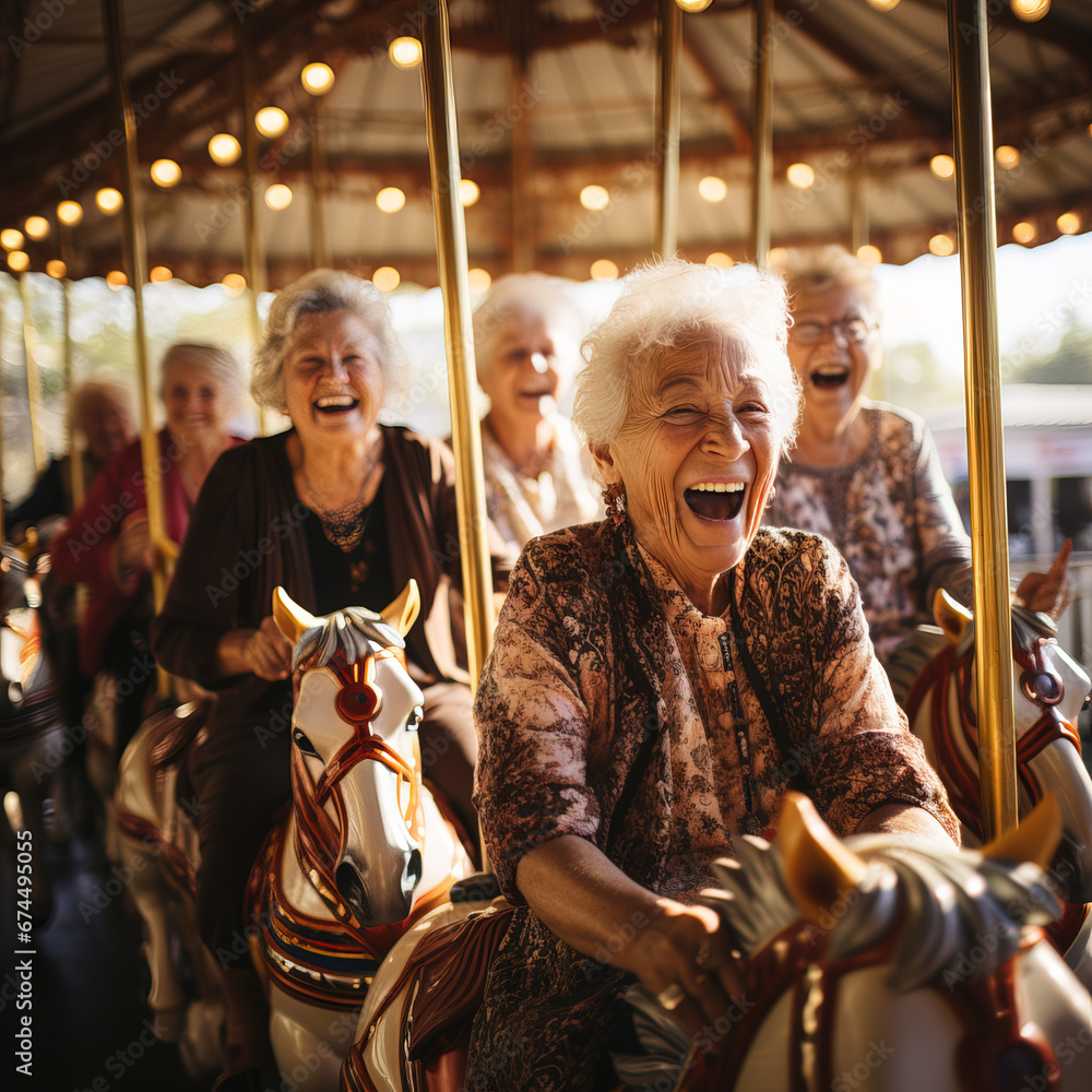group of senior friends riding carousel at amusement park group of senior friends riding carousel at amusement park