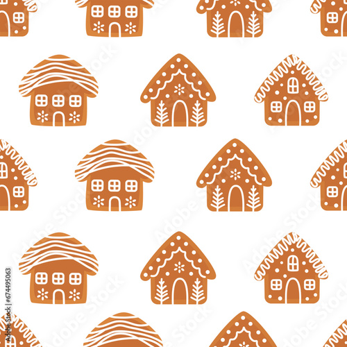 Seamless vector New Year's Eve pattern on white background. Christmas gingerbread houses. Vector illustration