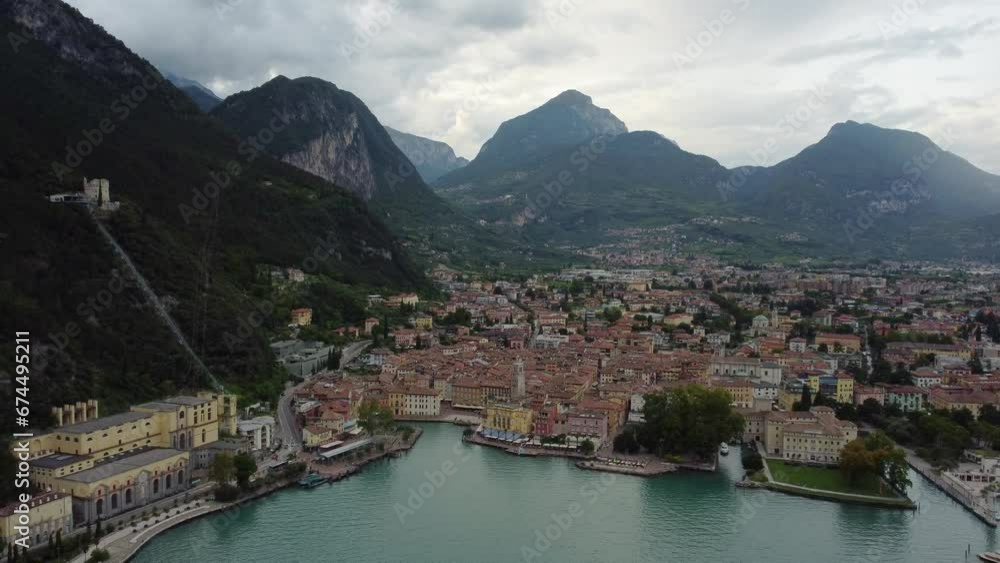 Riva del Garda, Lago di Garda, Italy - 30 august 2023: beautiful aerial view of Riva del Garda - old town in Italy near Garda lake Riva del Garda, Lago di Garda, Italy - 30 august 2023: beautiful aerial view of Riva del Garda - old town in Italy near Garda lake