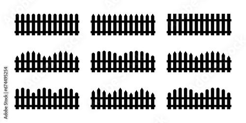 Set black silhouette picket fence repeat isolated PNG