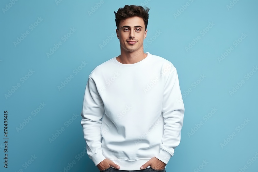 Young Man Wearing White Sweatshirt Mockup On Blue Background Young Man Wearing White Sweatshirt Mockup On Blue Background