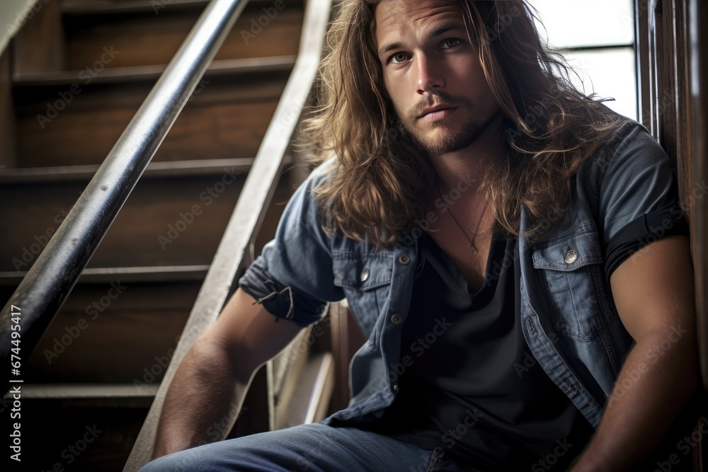 Young Man Sitting On Stairs, Long Hair Flowing