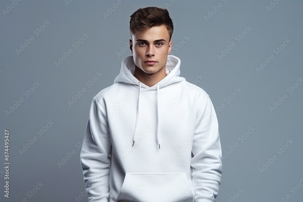 Young Man Wearing White Sweatshirt Mockup On Blue Background Young Man Wearing White Sweatshirt Mockup On Blue Background