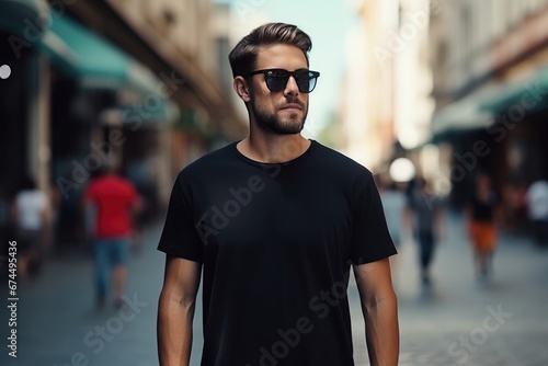 Young Model Wearing Black Tshirt Mockup On Street