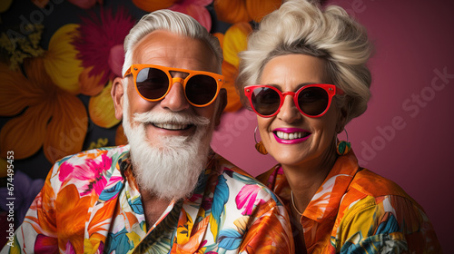 senior couple in bold colourful tropical style