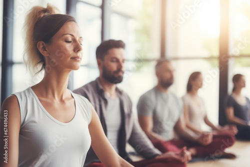 Print op canvas Mindfulness at Work - Employees participating in a meditation session in a corpo