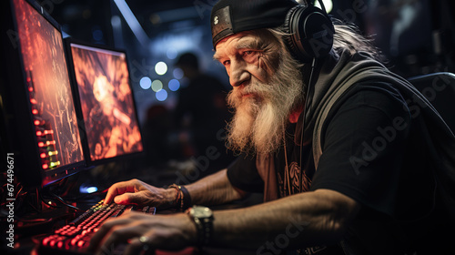 senior man gaming on PC photo