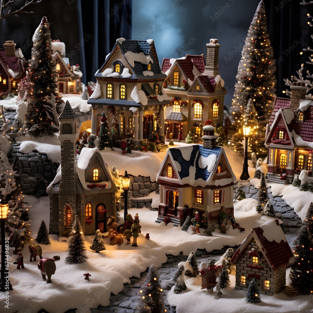 Christmas and New Year miniature village with trees and houses in the snow