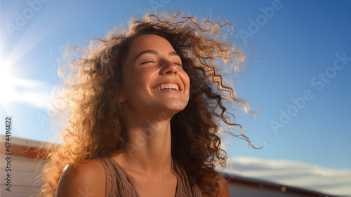 A Latin woman breathes calmly looking up isolated on clear blue sky