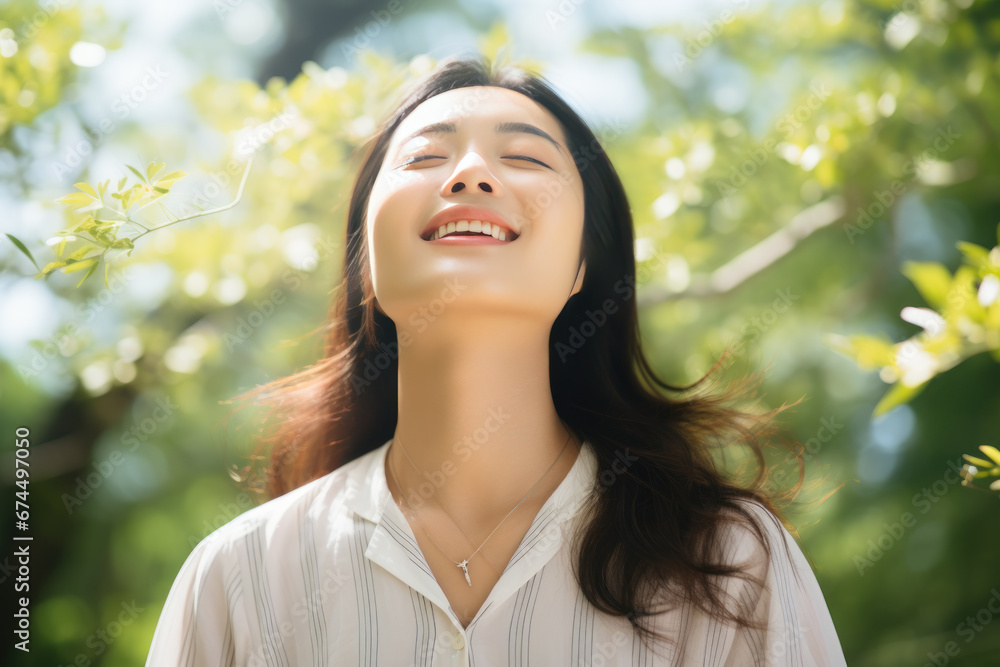 A Asian woman breathes calmly looking up enjoying summer season A Asian woman breathes calmly looking up enjoying summer season