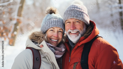 Waist up portrait of happy senior couple enjoying walk in winter forest and holding hands © PaulShlykov