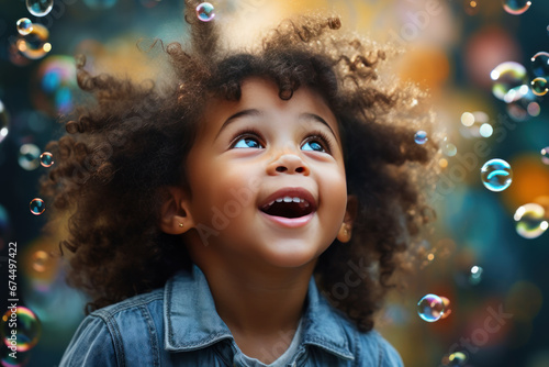 Happy afro-american little girl excited looking up in the bubbles