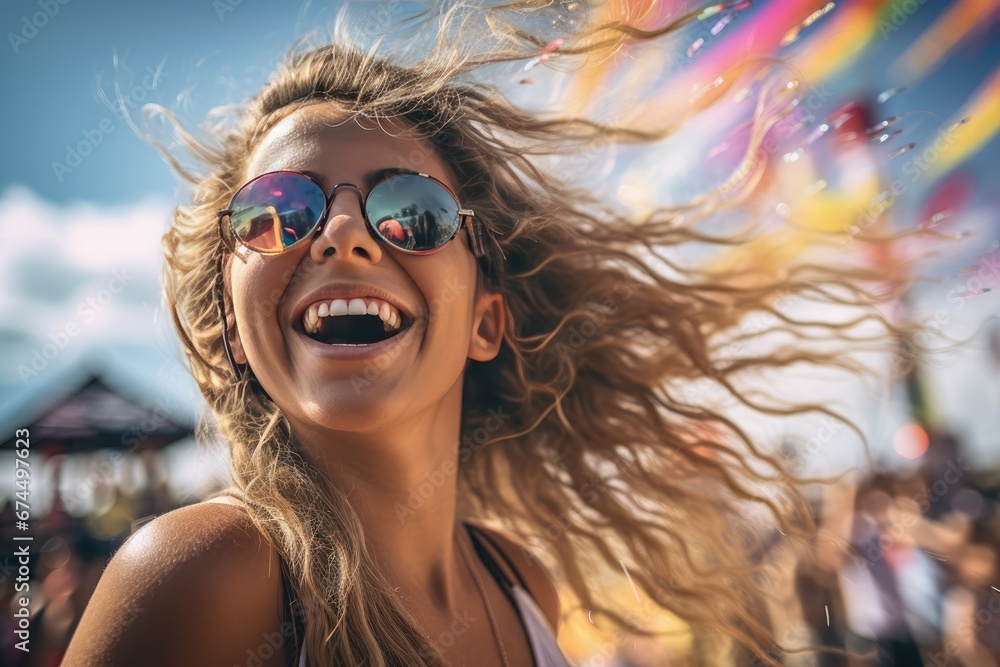 Beautiful Young Woman Having Fun At Colourful Music Festival Carefree Girl Enjoying Lively Music Event During Summer