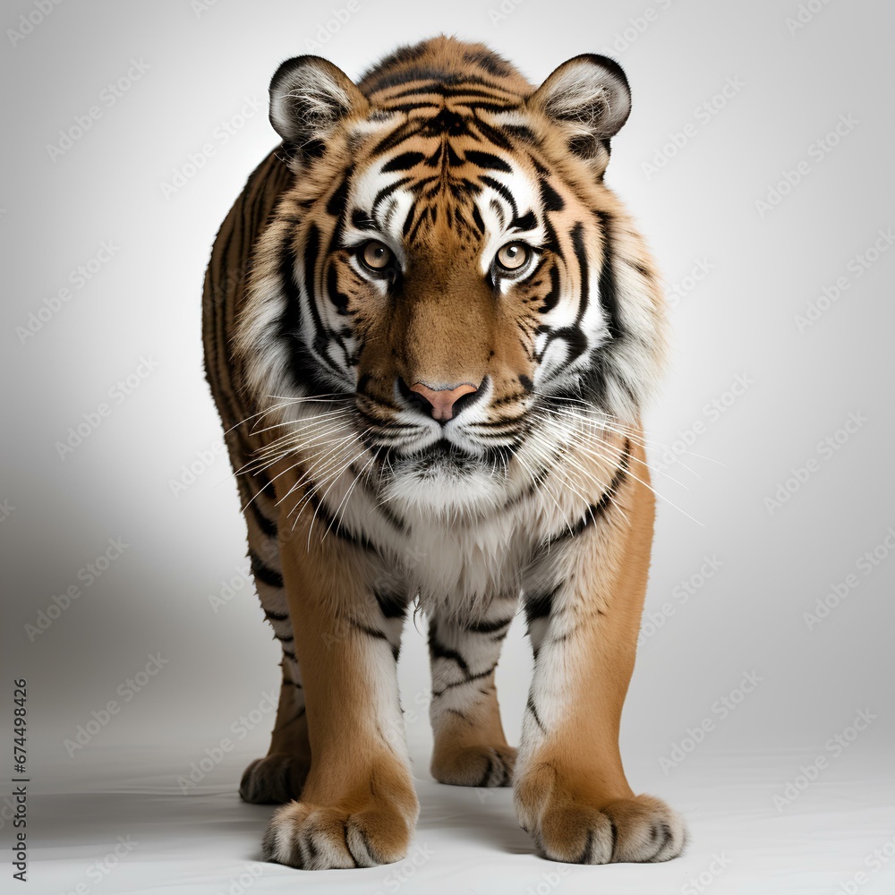 Naklejka premium Tiger isolated on white background. Tiger isolated. Tiger looking into the camera. Wild tiger with black stripes. African wildlife