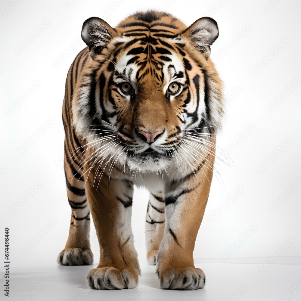 Tiger isolated on white background. Tiger isolated. Tiger looking into the camera. Wild tiger with black stripes. African wildlife