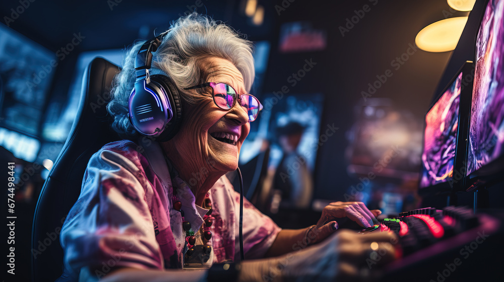 senior woman gaming on PC senior woman gaming on PC