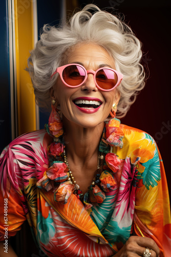 senior woman in bold tropical colouful style