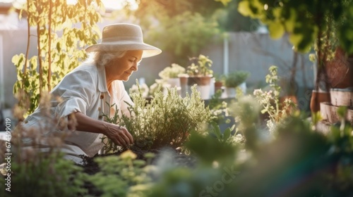 In an eco-conscious garden, a senior woman cultivates vibrant new plants.