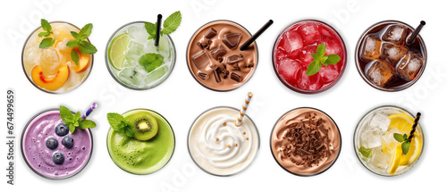 cool drinks set   smoothie  juice  sparkling water with fresh and beautiful fruits decorated glass top view on white background.