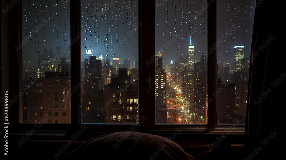 雨に濡れた窓から都会の街並みを眺める