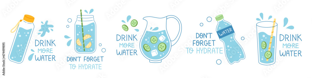 Vector drink more water illustration set. Trendy water poster or banner compositions. Collection of glass, jar, bottle and jug of water with straws. Dont forget to hydrate. Blue colors. - obrazy, fototapety, plakaty 