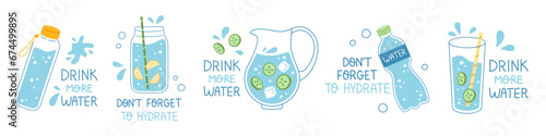 Vector drink more water illustration set. Trendy water poster or banner compositions. Collection of glass, jar, bottle and jug of water with straws. Dont forget to hydrate. Blue colors. © Ulyana Mo