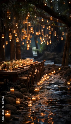 Candles in the night at a wedding ceremony in the forest.