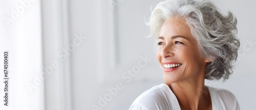Beautiful gorgeous 50s mid age beautiful elderly senior model woman with grey hair laughing and smiling. Mature old lady close up portrait. Healthy face skin care beauty, skincare cosmetics, dental photo