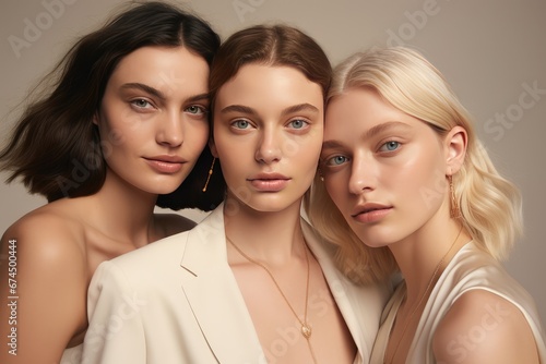 Elegant Minimalist Fashion Scene With Three Stylish Young Women Appreciating Delicate Piece Of Jewelry, Against Neutral Beige Backdrop photo