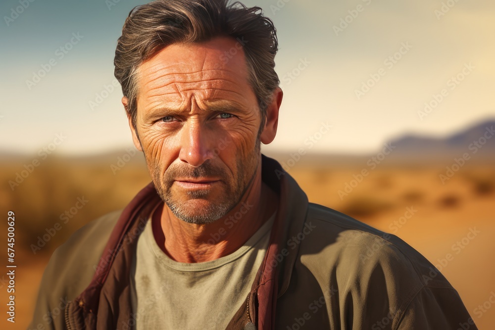 Headshot Portrait Of Satisfied Man In Cozy Sweater Against Desert Oasis Headshot Portrait Of Satisfied Man In Cozy Sweater Against Desert Oasis