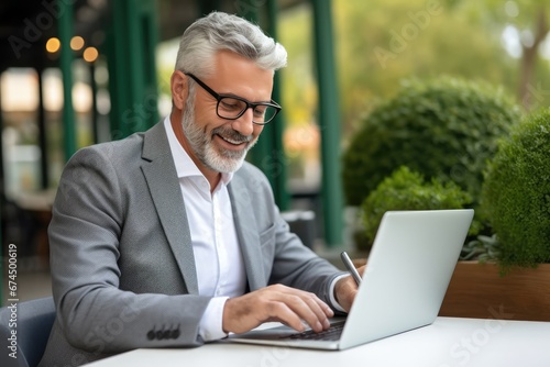 Happy Mature Business Man Executive Manager Looking At Laptop Computer Watching Online Webinar Or Having Remote Virtual Meeting, Video Conference Call Negotiation