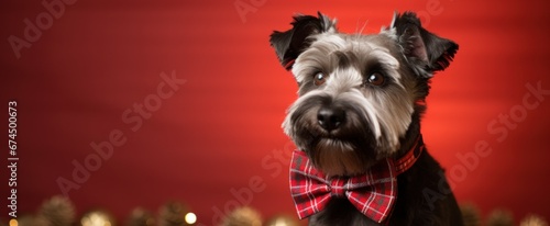 Christmas cute Schnauzer dog wearing bow tie on Christmas tree bokeh light background. Happy New Year, Christmas dog greeting card. Pet holidays and celebration web banner © irissca