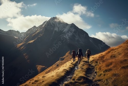 Hikers Ascending Sunlit Hill With Mountains As Backdrop © Anastasiia
