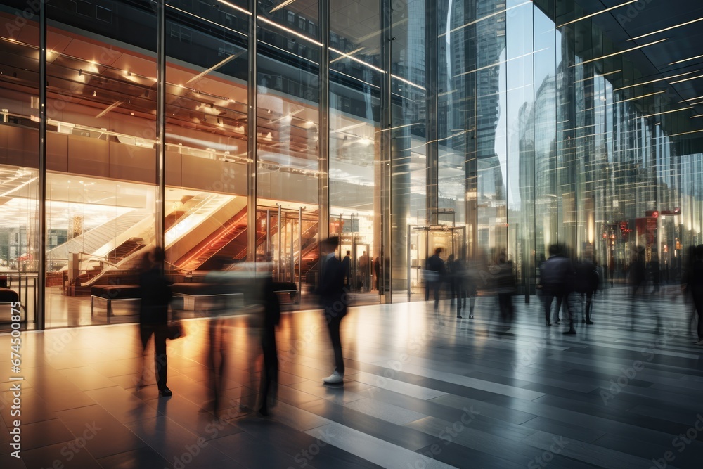 Long Exposure Captures Bustling Modern Office Lobby With People. Сoncept Architecture, Business, Office Space, Work Environment, Busy Lifestyle Long Exposure Captures Bustling Modern Office Lobby With People. Сoncept Architecture, Business, Office Space, Work Environment, Busy Lifestyle