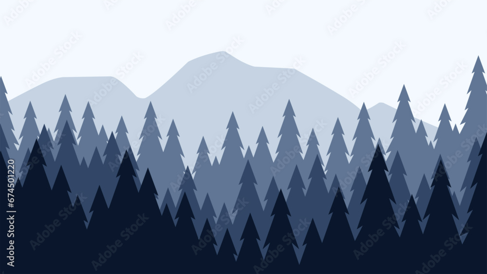 Pine forest landscape vector illustration. Silhouette of coniferous ...