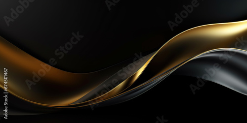 Abstract background with realistic golden and black wavy fluid shape. Interwined gold stripes. Generative AI