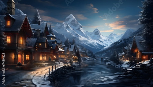 Fantastic winter panoramic view of the mountain village.