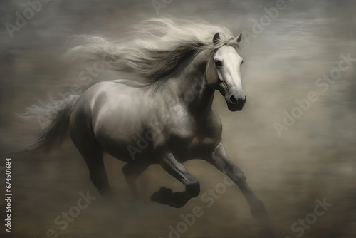 A white horse with long flowing mane on the run  stunning illustration