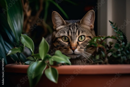 Tabby domestic cat sitting at home among houseplants in pots 