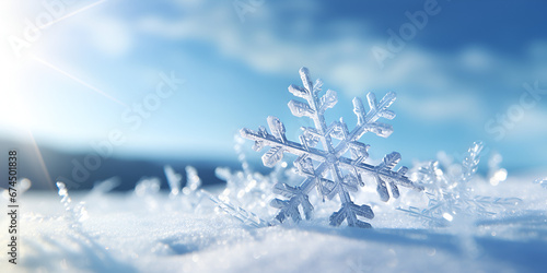 Snowflake on smooth gradient background Macro photo of real snow crystal, Merry Christmas and Happy New Year
